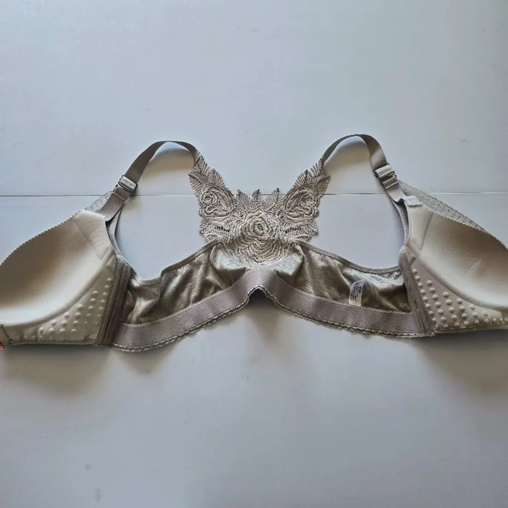 Taupe Lace Front-Close Bra‎ Rose Floral Racerback Rhinestone Women 42C Lingerie